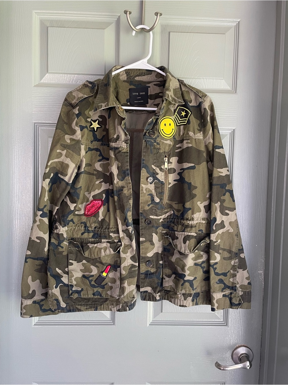Love Tree Green Camo Patch Field Jacket Tie Waist Size Large
